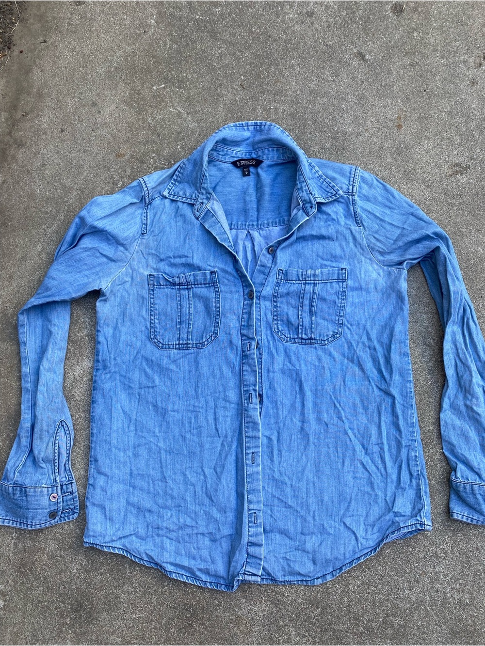Express Blue Chambray Denim Button Down Shirt Double Pocket Size Small